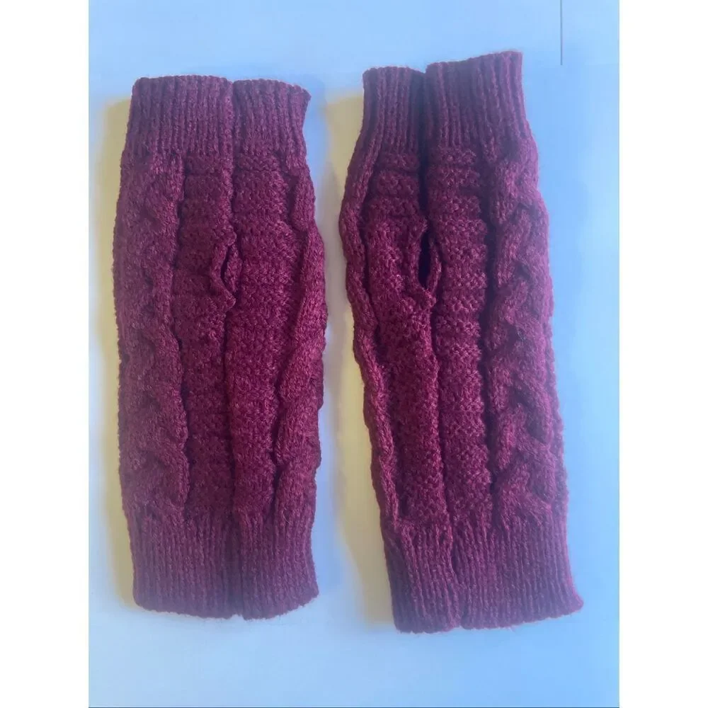 Women’s Cable Knit Fingerless Gloves Burgundy One Size